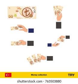 Set of euro banknote. Holding, throwing lira banknote.
