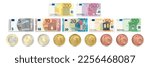 Set of euro banknotes and euro coins. Vector illustration.
