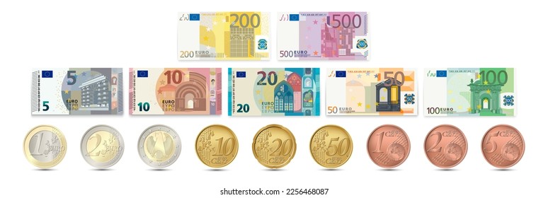 Conjunto de billetes y monedas en euros. Ilustración vectorial.