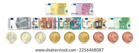 Set of euro banknotes and euro coins. Vector illustration.