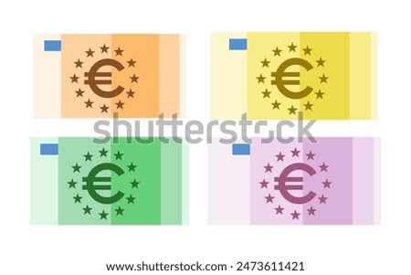 A set of euro banknotes of different denominations, isolated on a white background. Flat vector illustration