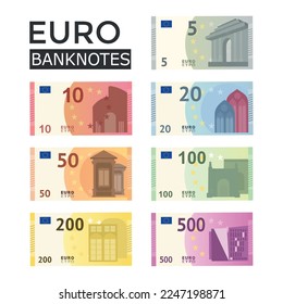 Set of Euro banknotes isolated on white background. Europen bill cash money. Cartoon money. Euro currency banknote. Bills of different denomination.Vector stock