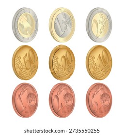 Set of euro cent coins. A set of realistic vector images of euro cent coins in 3D rendering. 3D vector illustration.
