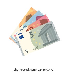 Set of euro currency bills isolated on white background. European money currency. Five,ten, twenty and fifty euro. Vector stock