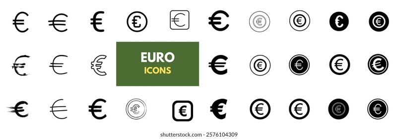 Set of Euro currency icons for finance, business, and economic themes. Vector format.