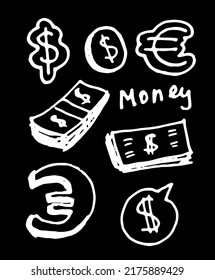 a set of euro and dollar banknotes, hand-drawn cash, dollars, coins and euros, banknote packaging, isolated white outline on black for a design template