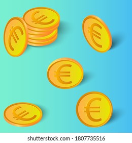 Set of Euro gold coins. Coins in different angles with shadows on a blue-green background.Can be used as design elements.Vector illustration.