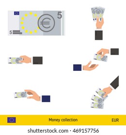 Set of Euro. Holding, throwing Euro banknote.