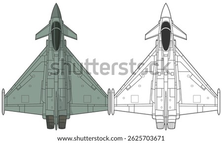 Set eurofighter typhoon tranche 4 military aircraft design in line art and colored style from top view. Vector illustrations colorful fighter jet. Outline drawing europe modern combat aircraft.