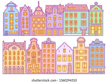 Set of Europe house or apartments. Cute architecture in Netherlands. Building and facades. Neighborhood with classic street and cozy homes. Doodle sketch Flat style.