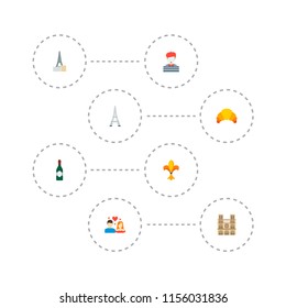 Set of europe icons flat style symbols with wine, croissant, architecture and other icons for your web mobile app logo design.