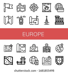 Set Of Europe Icons. Such As Flag, Map, Big Ben, Earth, Berlin Wall, Kremlin, Global, Evora, Space Map, Belem Tower, World, Portugal , Europe Icons