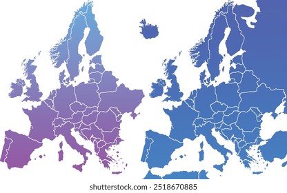 Set of Europe Map. No text. Detailed vector illustration of Europe Physical Map.Gradient colors, map silhouette, backdrop, earth geography, political,reports,city, infographic, political, concept.