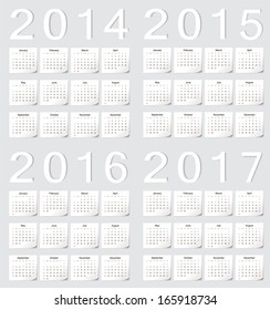 Set of european 2014, 2015, 2016, 2017 vector calendars with shadow angles. Week starts from Sunday.