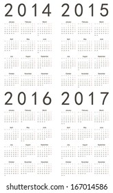 Set of european 2014, 2015, 2016, 2017 vector calendars. Week starts from Monday.