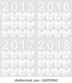 Set of european 2015, 2016, 2017, 2018 vector calendars with shadow angles. Week starts from Sunday.