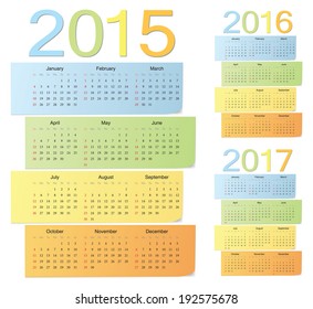 Set of european 2015, 2016, 2017 color vector calendars. Week starts from Sunday.