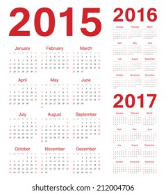 Set of european 2015, 2016, 2017 vector calendars. Week starts from Sunday.