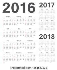 Set of european 2016, 2017, 2018 year vector calendars. Week starts from Sunday.