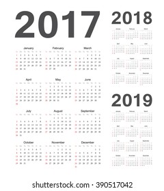 Set of european 2017, 2018, 2019 year vector calendars. Week starts from Sunday.