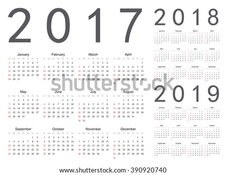 Set of european 2017, 2018, 2019 year vector calendars. Week starts from Sunday.