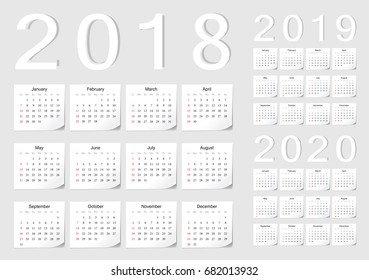 Set of European 2018, 2019, 2020 vector calendars with shadow angles. Week starts from Sunday.