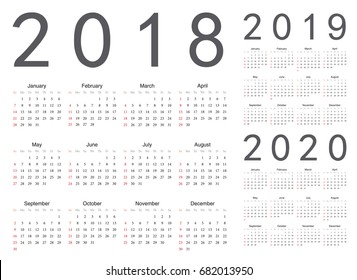 Set of european 2018, 2019, 2020 year vector calendars. Week starts from Sunday.