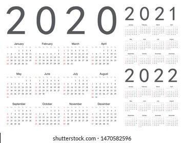 Set of european 2020, 2021, 2022 year vector calendars. Week starts from Sunday.