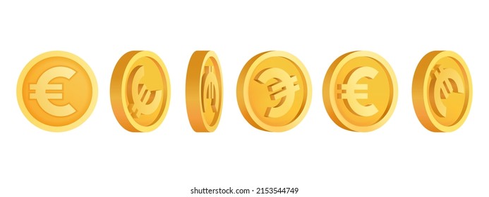 Set of European 3d coins in the form of the euro Volumetric bank currency. 3d euro coins in different positions. Cash transfer Banking and finance. Isolated vector illustration