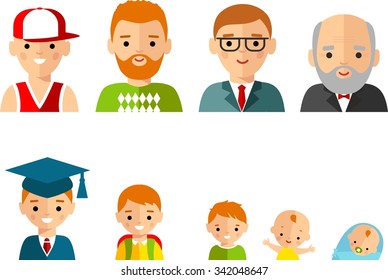 Set of european age group avatars man in colorful style.
All age group of european man. Generations man. 
Stages of development people - infancy, childhood, youth, maturity, old age. 
