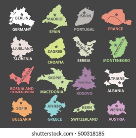 Set of European Capital cities
,Berli,Madrid,Lisbon,Paris,Ljubjana,Zagreb,Belgrade,Podgorica,Sarajevo,Macedonia,Kosovo,Skopje,Triane,Sofia,Athens,Bern,Vienna 