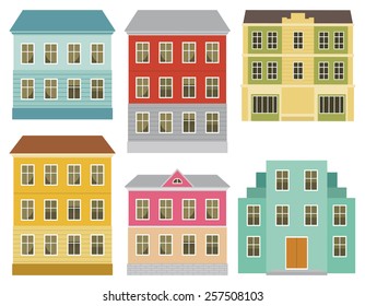 Set of the European city abstract buildings. Series of the cartoon buildings