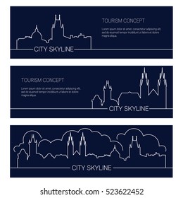 Set of european city banners. Linear silhouettes of cityscape. Vector travel concept.