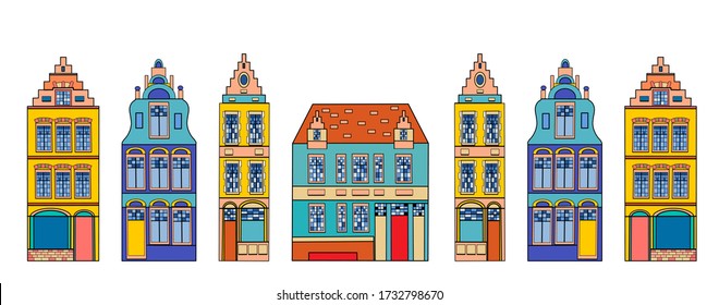 Set of European colorful old houses. Background for the banner. Scandinavian city. Dutch home. Stylized facades of old buildings. Vector template. Vector city architecture. 