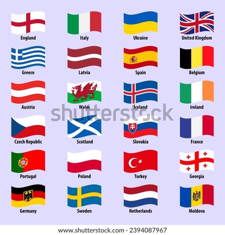 Set of European countries flags in wavy style on a bright background