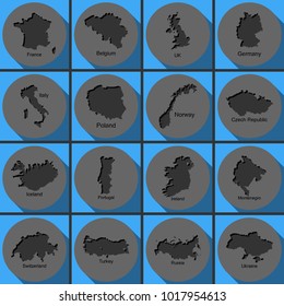 Set of European countries maps vector icon. France, Belgium, UK, Germany, Italy, Poland, Norway, Czech Republic, Iceland, Portugal, Ireland, Montenegro, Switzerland, Turkey, Russia, Ukraine.