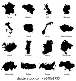 Set of European countries maps vector icon. France, Belgium, UK, Germany, Italy, Poland, Norway, Czech Republic, Iceland, Portugal, Ireland, Montenegro, Switzerland, Turkey, Russia, Ukraine.
