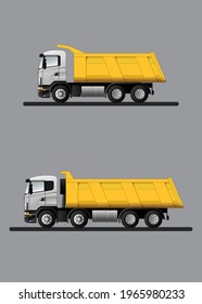 A set of European dump trucks for the transportation of bulk cargo with a carrying capacity of 20 and 40 tons. Flat vector illustration.