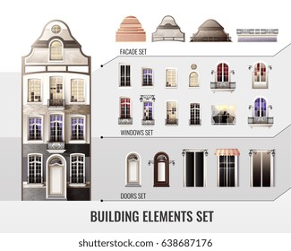 Set of european facade building elements with roofs, windows with curtains, balconies or lanterns, doors vector illustration