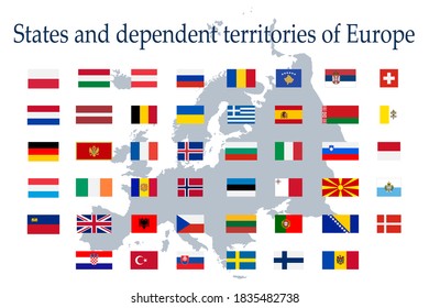 A set of European flag icons on a white background. Vector image of flags of States and dependent territories of Europe. You can use it to create a website, print brochures, booklets, and flyers.