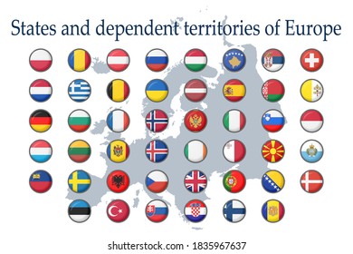 A set of European flag icons on a white background. Vector image of flags of States and dependent territories of Europe. You can use it to create a website, print brochures, booklets, and flyers.