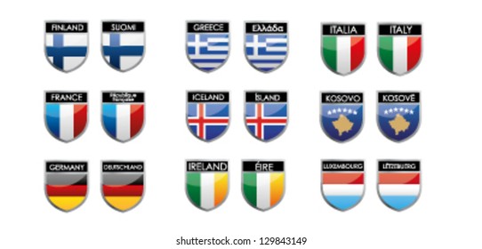 set of european flags in form of shiny emblems