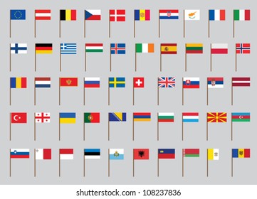 set of European flags on flagstaff vector illustration