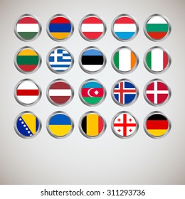 Set of European flags round buttons, vector illustration