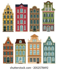 Set of european historical buildings. Traditional Amsterdam, Netherlands architecture. Colorful brick houses. Vector illustration.