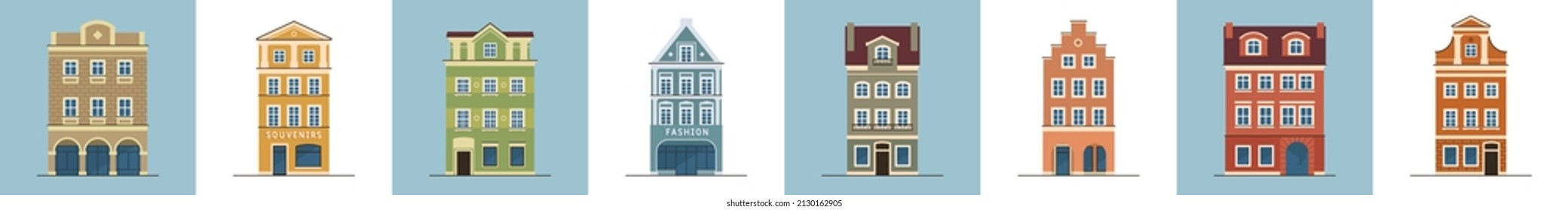 Set of european historical buildings. Traditional Amsterdam, Netherlands architecture. Vector illustration.