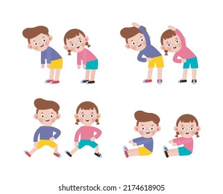 Set of european Kids Exercising, Children exercising ,child exercising , happy Kids Exercising cute cartoon flat design isolated on white background Vector Illustration.