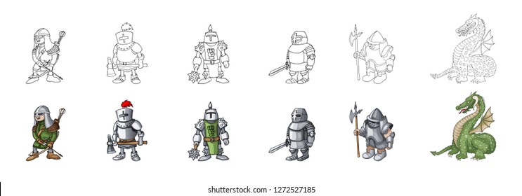 Set of European like medieval knights characters prepering for Knight Tournament isolated on white background. Cheerful warriors cartoon style coloring book collection vector illustration