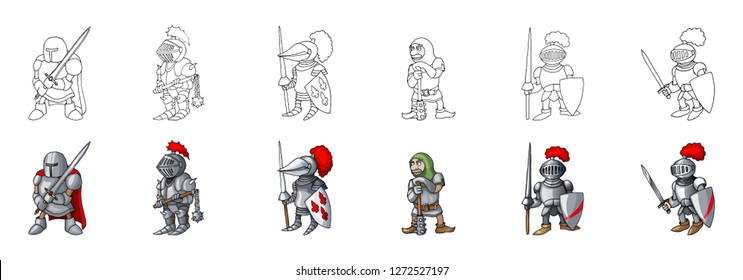 Set of European like medieval knights characters prepering for Knight Tournament isolated on white background. Cheerful warriors cartoon style coloring book collection vector illustration