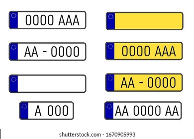 Set of european number plates. Car license plate. EU countries car number plates. Registration numbers template vector illustration set.